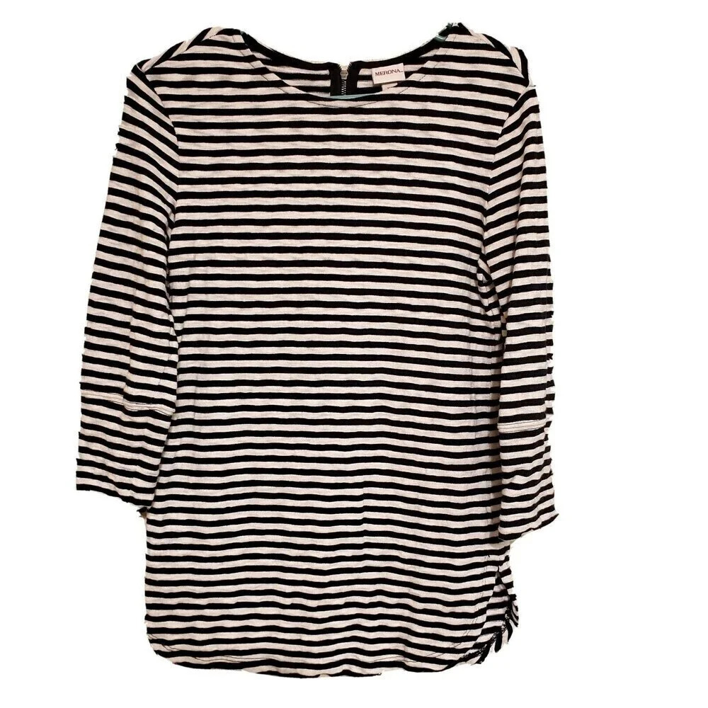 Merona Blouse White Black Striped Sleeve Shirt‎ Xsmall Zip Back Womens